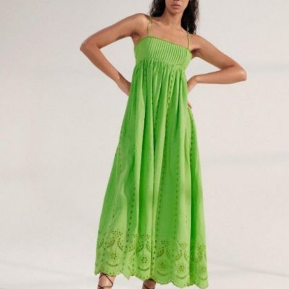 Zara Openwork Eyelet Embroidery Maxi Dress Lime Green Bloggers Favorite Size S